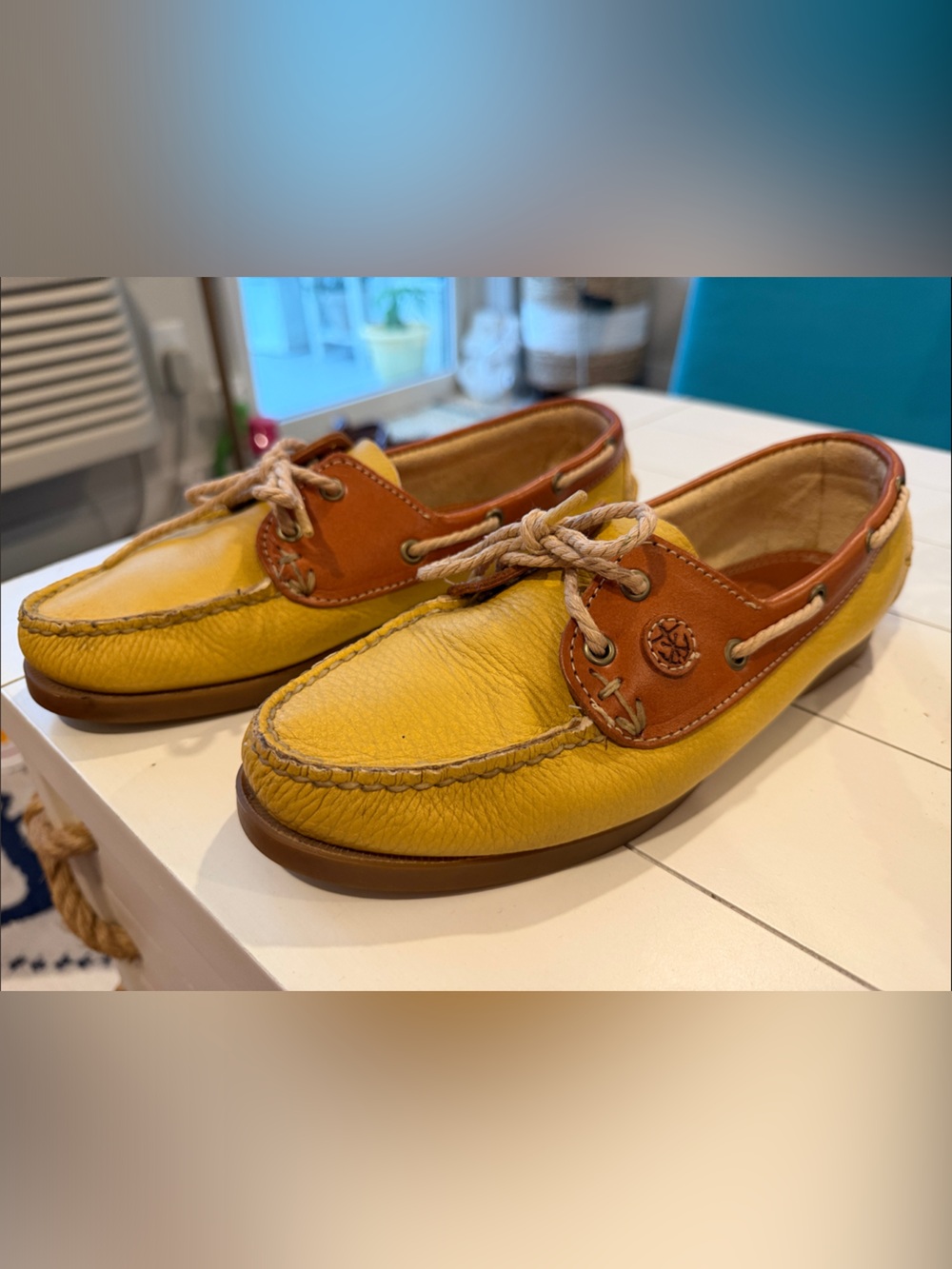 Kiel James Patrick Yellow Leather Boat Shoes with Brown Trim Size 8 RARE